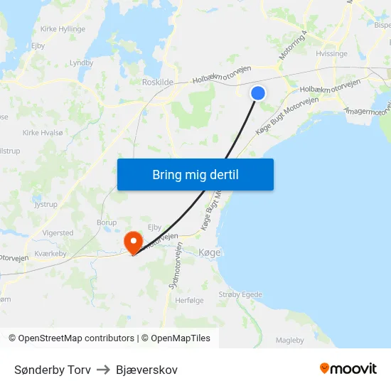 Sønderby Torv to Bjæverskov map