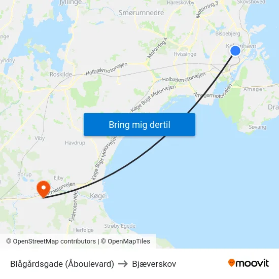 Blågårdsgade (Åboulevard) to Bjæverskov map