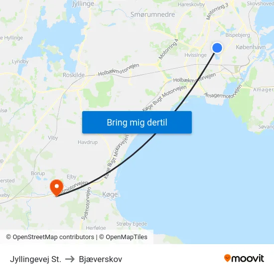 Jyllingevej St. to Bjæverskov map