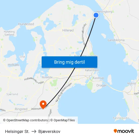 Helsingør St. to Bjæverskov map