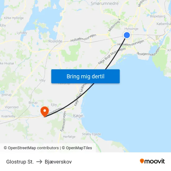 Glostrup St. to Bjæverskov map