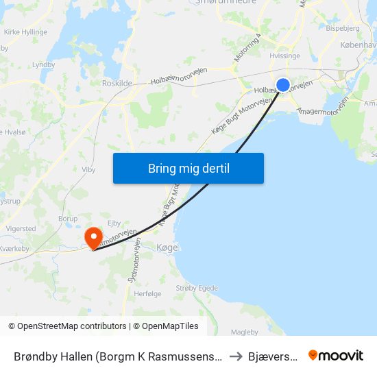 Brøndby Hallen (Borgm K Rasmussens Blvd) to Bjæverskov map