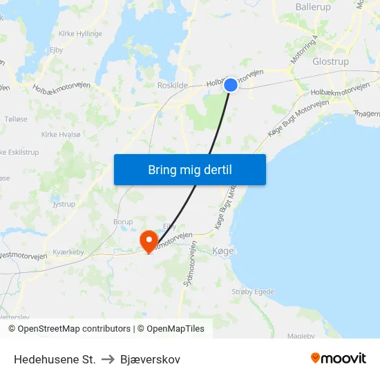 Hedehusene St. to Bjæverskov map
