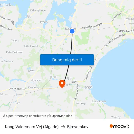 Kong Valdemars Vej (Algade) to Bjæverskov map