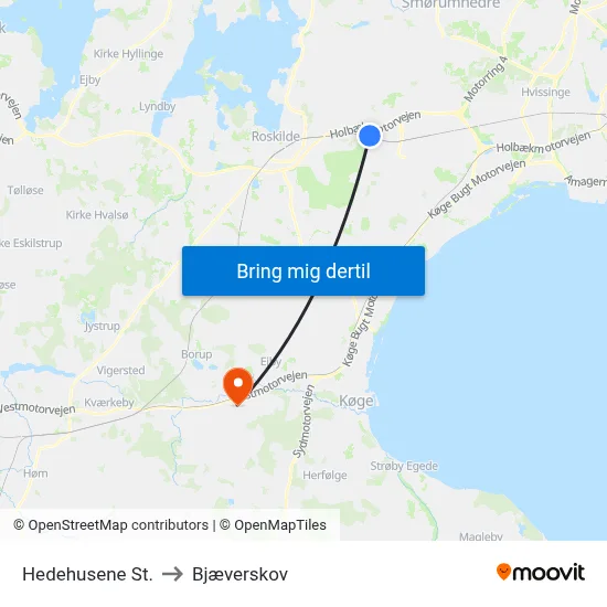 Hedehusene St. to Bjæverskov map