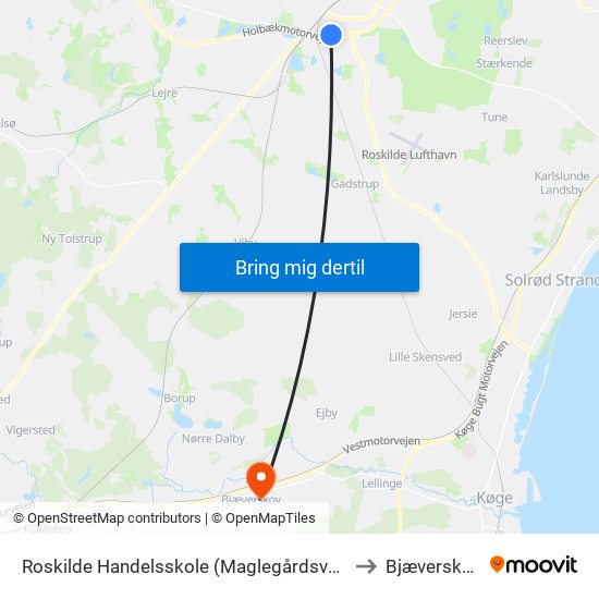 Roskilde Handelsskole (Maglegårdsvej) to Bjæverskov map