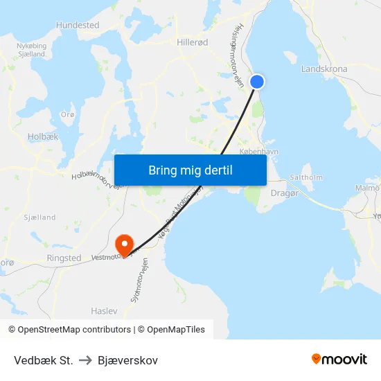 Vedbæk St. to Bjæverskov map