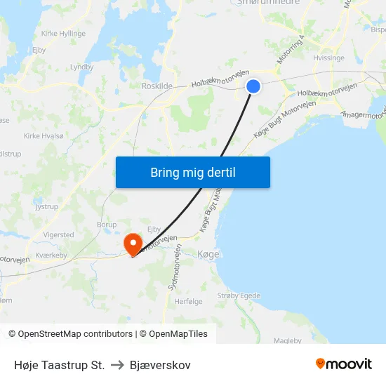 Høje Taastrup St. to Bjæverskov map