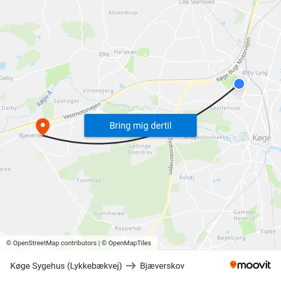 Køge Sygehus (Lykkebækvej) to Bjæverskov map