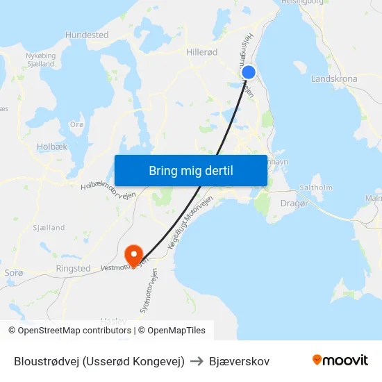 Bloustrødvej (Usserød Kongevej) to Bjæverskov map