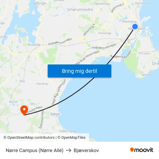 Nørre Campus (Nørre Allé) to Bjæverskov map