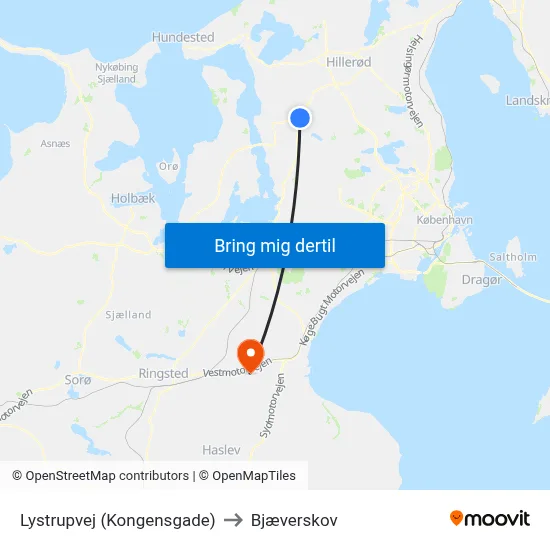 Lystrupvej (Kongensgade) to Bjæverskov map