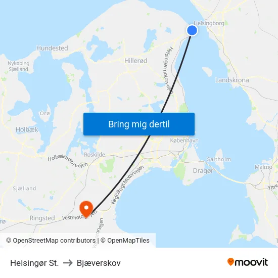 Helsingør St. to Bjæverskov map