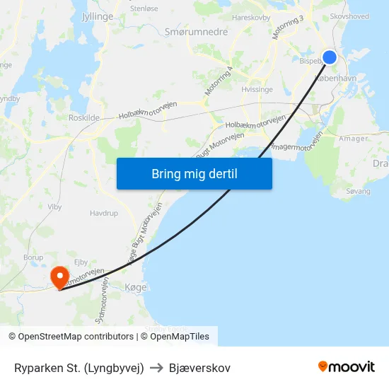 Ryparken St. (Lyngbyvej) to Bjæverskov map