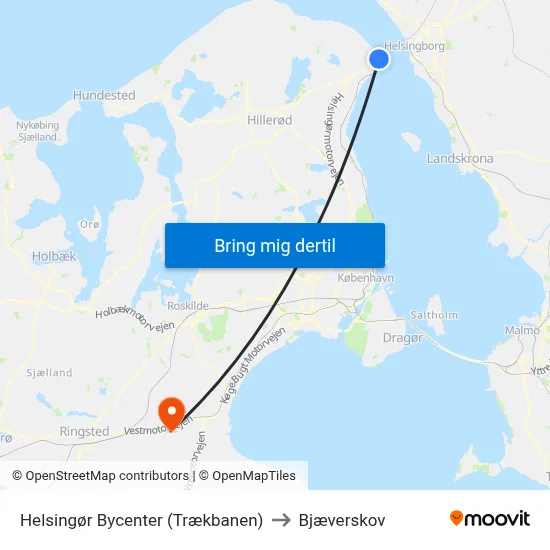 Helsingør Bycenter (Trækbanen) to Bjæverskov map