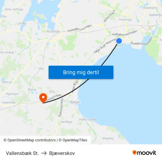 Vallensbæk St. to Bjæverskov map