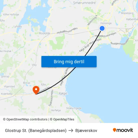 Glostrup St. (Banegårdspladsen) to Bjæverskov map
