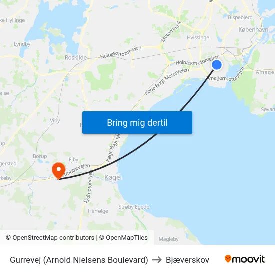 Gurrevej (Arnold Nielsens Boulevard) to Bjæverskov map