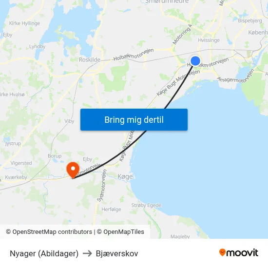 Nyager (Abildager) to Bjæverskov map