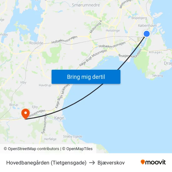 Hovedbanegården (Tietgensgade) to Bjæverskov map