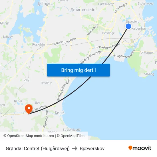 Grøndal Centret (Hulgårdsvej) to Bjæverskov map