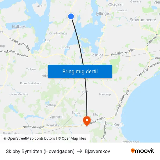 Skibby Bymidten (Hovedgaden) to Bjæverskov map