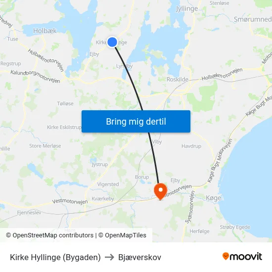 Kirke Hyllinge (Bygaden) to Bjæverskov map