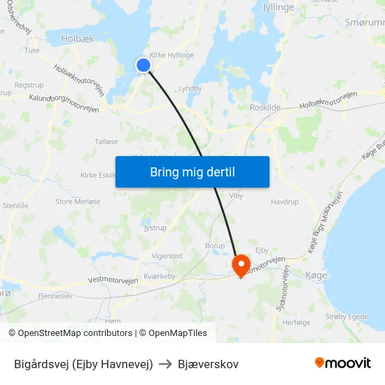 Bigårdsvej (Ejby Havnevej) to Bjæverskov map