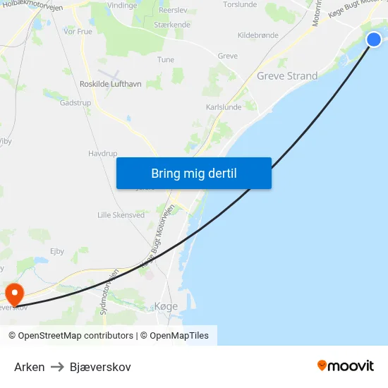 Arken to Bjæverskov map