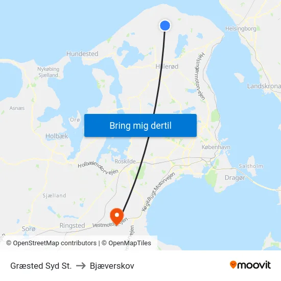 Græsted Syd St. to Bjæverskov map