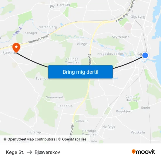 Køge St. to Bjæverskov map