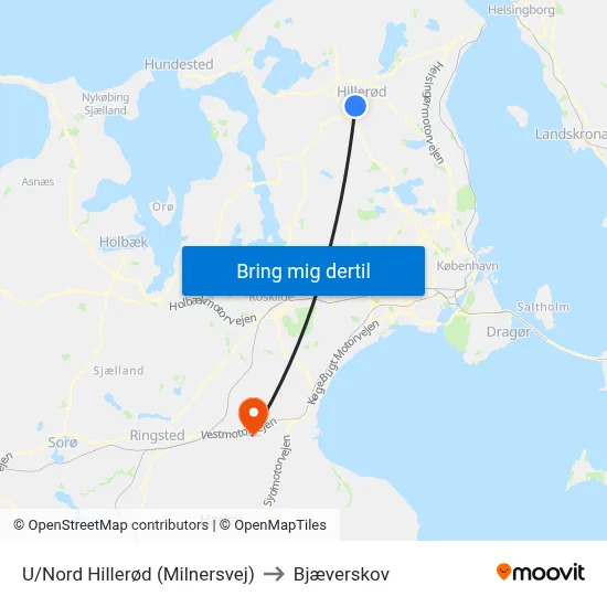 U/Nord Hillerød (Milnersvej) to Bjæverskov map