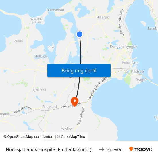 Nordsjællands Hospital Frederikssund (Hospitalvej) to Bjæverskov map