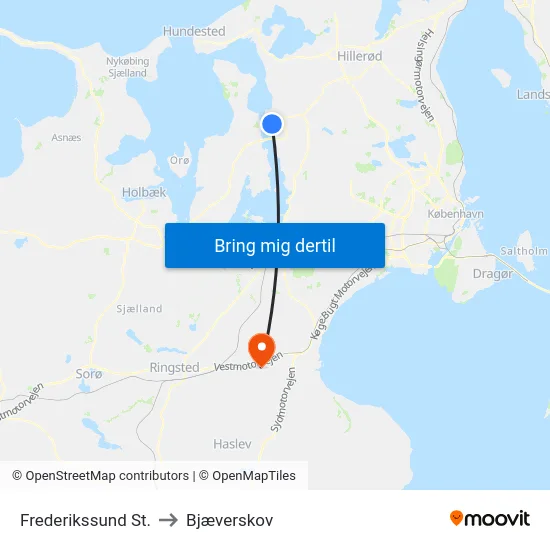Frederikssund St. to Bjæverskov map
