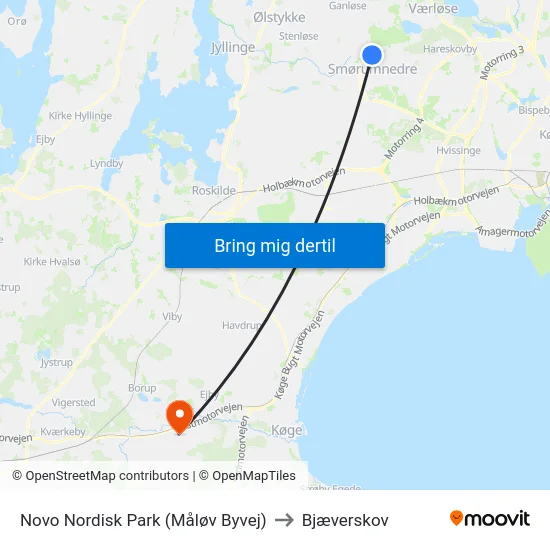 Novo Nordisk Park (Måløv Byvej) to Bjæverskov map