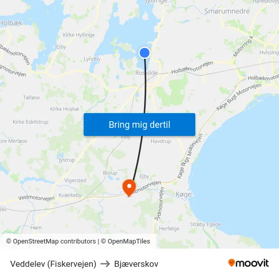 Veddelev (Fiskervejen) to Bjæverskov map