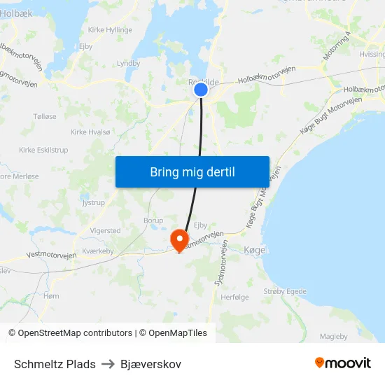Schmeltz Plads to Bjæverskov map