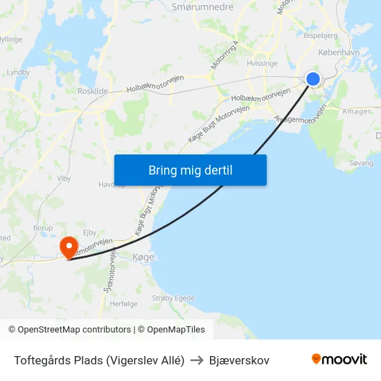 Toftegårds Plads (Vigerslev Allé) to Bjæverskov map