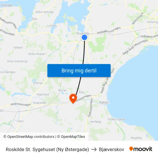 Roskilde St. Sygehuset (Ny Østergade) to Bjæverskov map