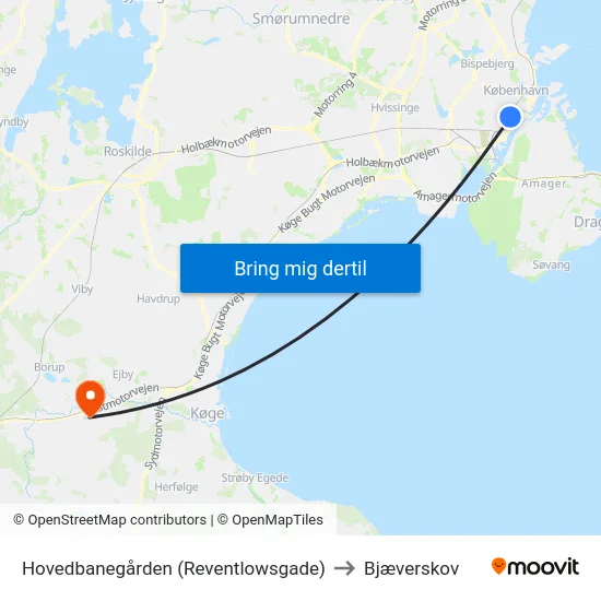 Hovedbanegården (Reventlowsgade) to Bjæverskov map