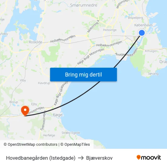 Hovedbanegården (Istedgade) to Bjæverskov map