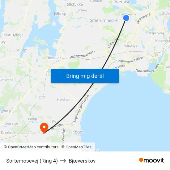 Sortemosevej (Ring 4) to Bjæverskov map