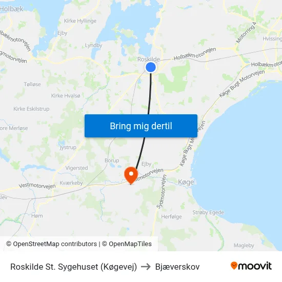 Roskilde St. Sygehuset (Køgevej) to Bjæverskov map