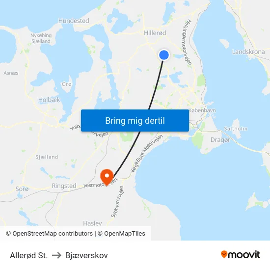 Allerød St. to Bjæverskov map