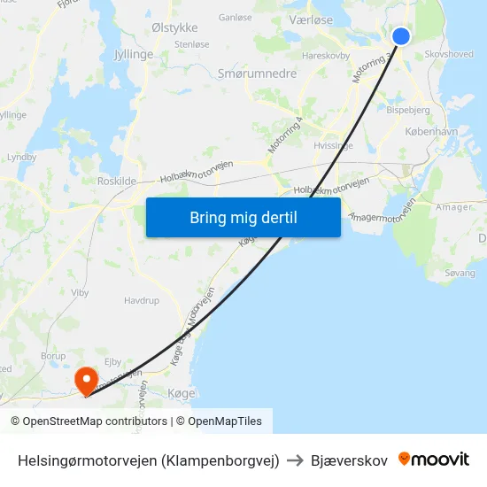 Helsingørmotorvejen (Klampenborgvej) to Bjæverskov map