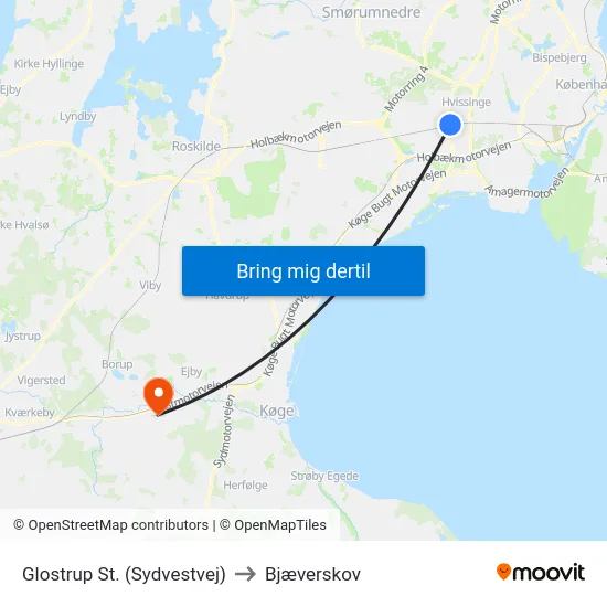 Glostrup St. (Sydvestvej) to Bjæverskov map