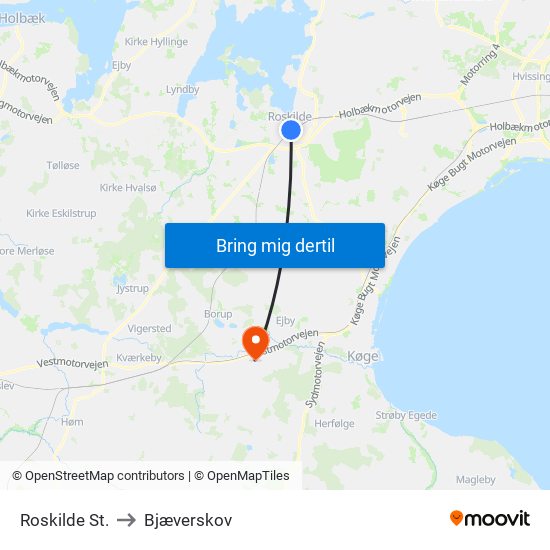 Roskilde St. to Bjæverskov map