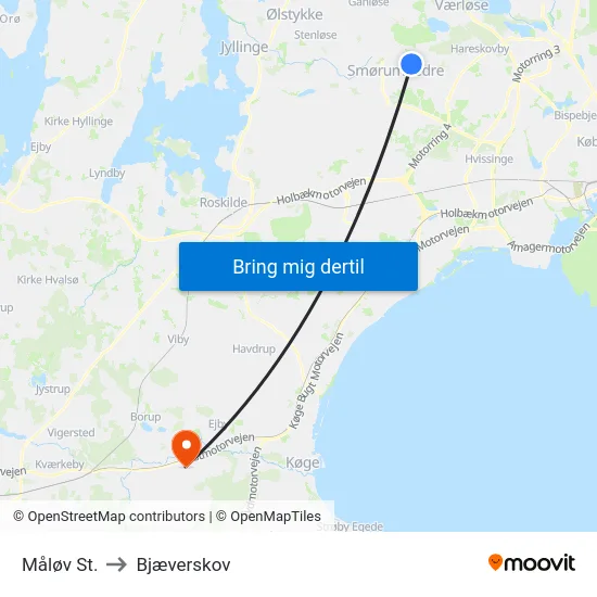 Måløv St. to Bjæverskov map