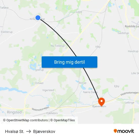 Hvalsø St. to Bjæverskov map