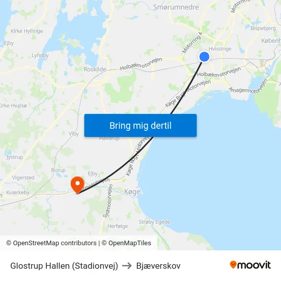 Glostrup Hallen (Stadionvej) to Bjæverskov map